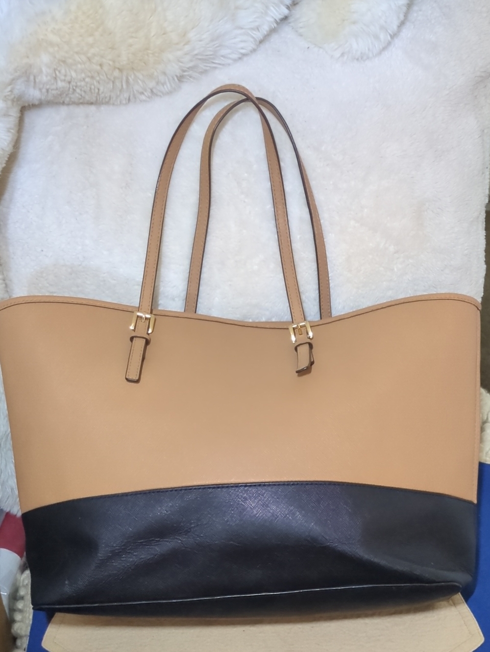 Michael Kors Tan and Black Colorblock Leather Tote with Gold Accents $95 - Picture 3 of 8